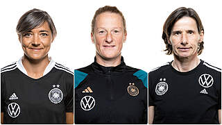 Bleiben DFB-Trainerinnen: Sabine Loderer, Melanie Behringer, Bettina Wiegmann (v.l.) © Yuliia Perekopaiko/Julius Nieweler/Collage DFB