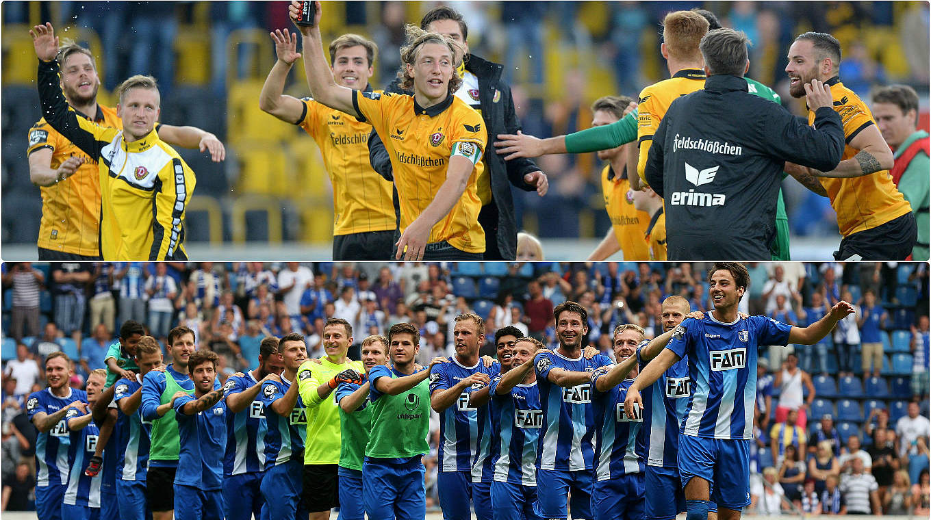 Geübte Jubler in der Saison 2015/2016: (o.) Dynamo Dresden und der 1. FC Magdeburg © Getty Images/DFB
