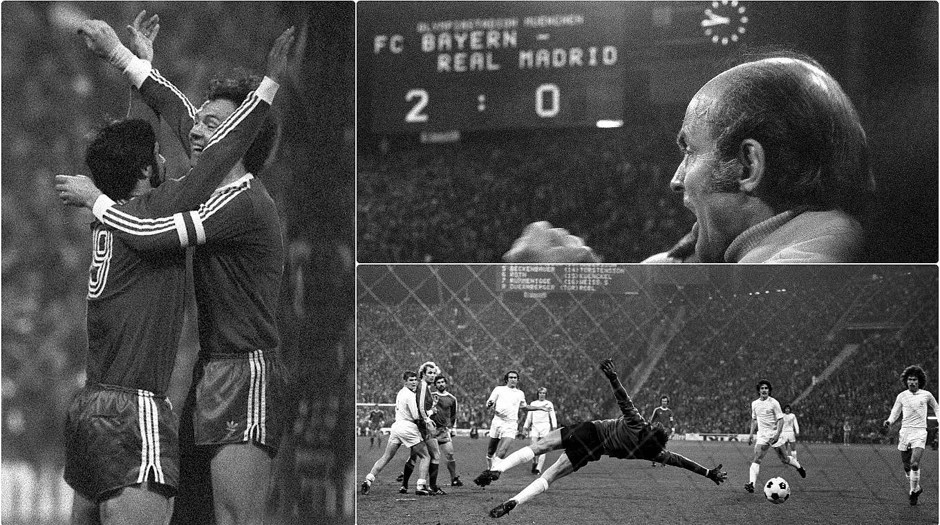 Gala im Halbfinale gegen Real 1976: Bayern siegt 2:0, Beckenbauer und Müller (l.) jubeln © imago/DFB