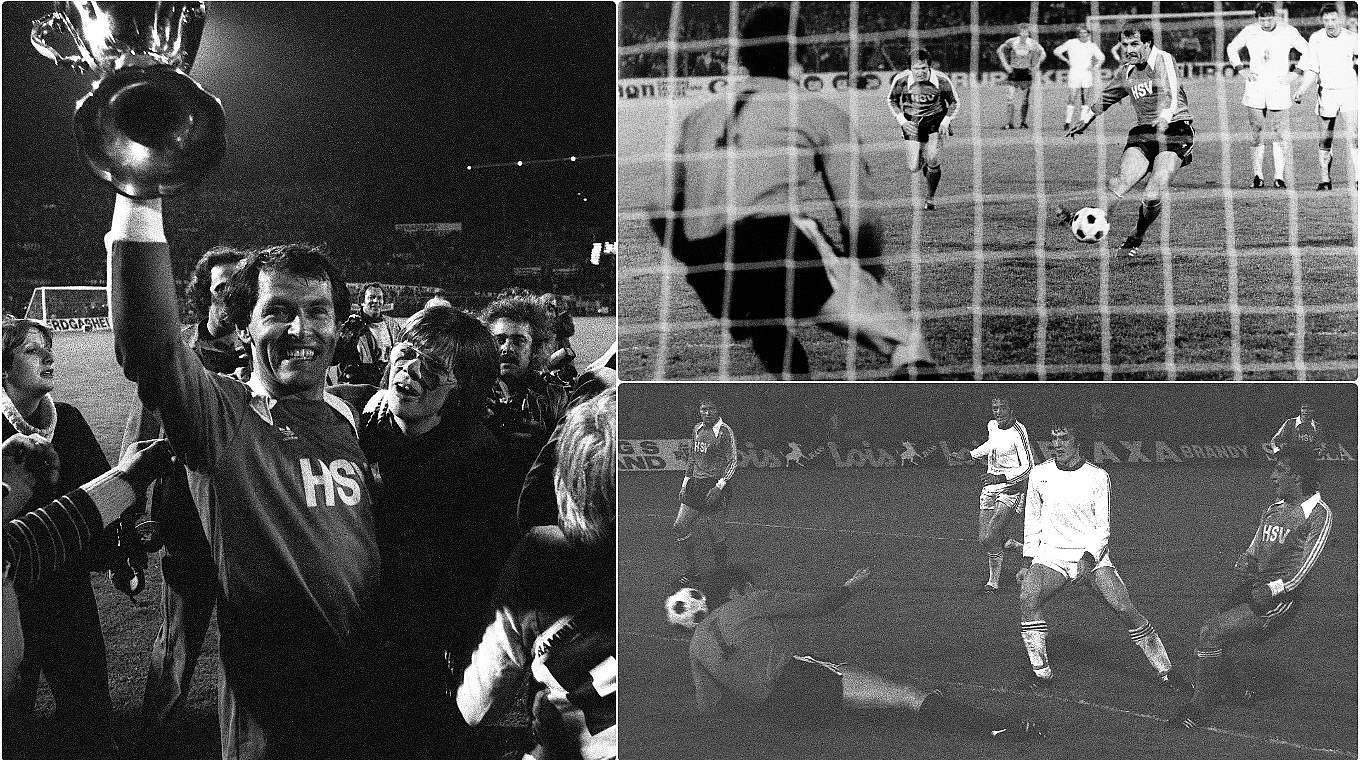 HSV ist Europacupsieger der Pokalsieger 1977: Volkert trifft (o.r.) und hält den Pott (l.) © 