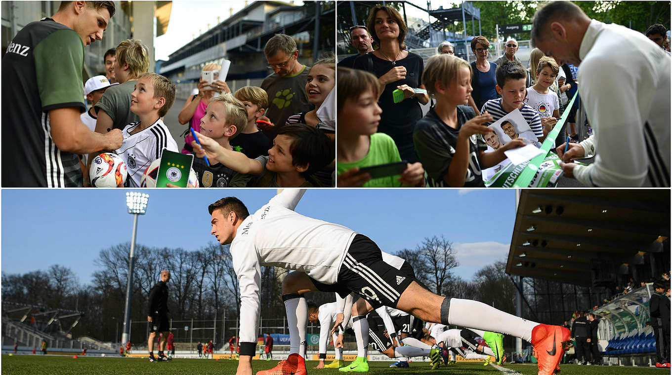 Stars hautnah: Die Spieler der U 21 geben nach dem öffentlichen Training Autogramme © Getty Images/Collage DFB