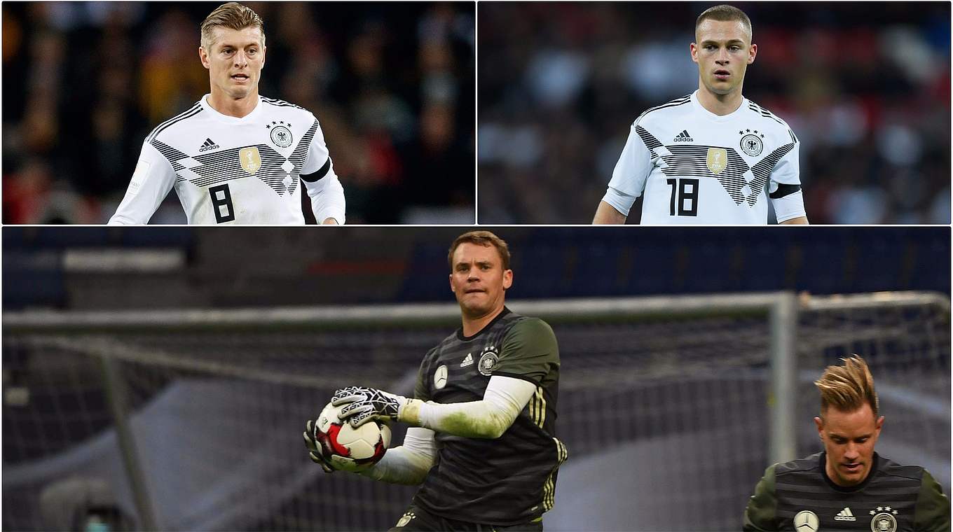 Für starke Leistungen in der letzten Saison gewürdigt: Kroos (o.l.), Kimmich (o.r.), Neuer © Getty Images/Collage DFB