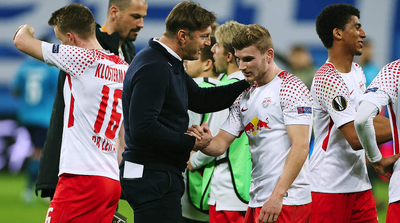 Gegen Marseille ums Halbfinale: Leipzig mit Coach Hasenhüttl und Timo Werner © 2018 Getty Images