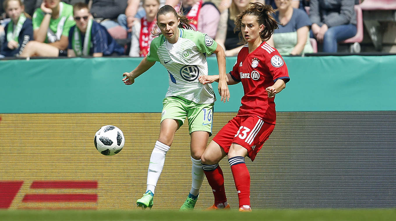 Zweikampf: Münchens Sara Däbritz (r.) gegen Wolfsburgs Noelle Maritz © 2018 Getty Images