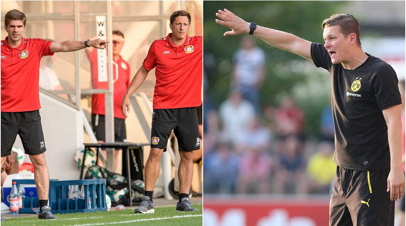 Trainerduell: Bayer-Gespann Weiser und Hoepner gegen BVB-Coach Geppert (v.l.) © imago/Collage DFB
