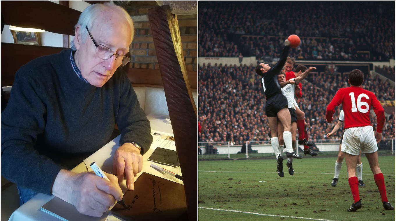 Früher und Heute: Hans Tilkowski beim Autogramme schreiben und im WM-Finale 1966 © Privat/Getty Images/Collage DFB