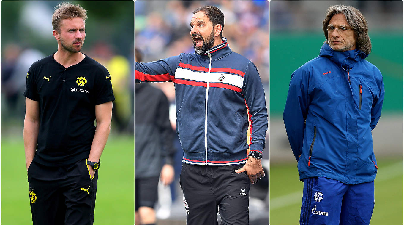BVB, Köln und Schalke im Dreikampf: die Trainer Hoffmann, Ruthenbeck, Elgert (v.l.n.r.) © Bilder Getty Images / Collage DFB
