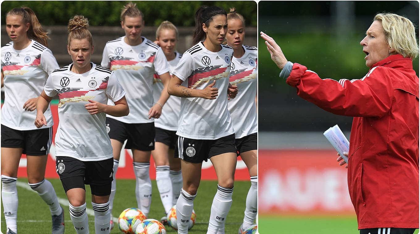 Voss-Tecklenburg (r.) und ihr Team: "Mit guter Performance auf die WM einstellen" © Bilder Getty Images / Collage DFB