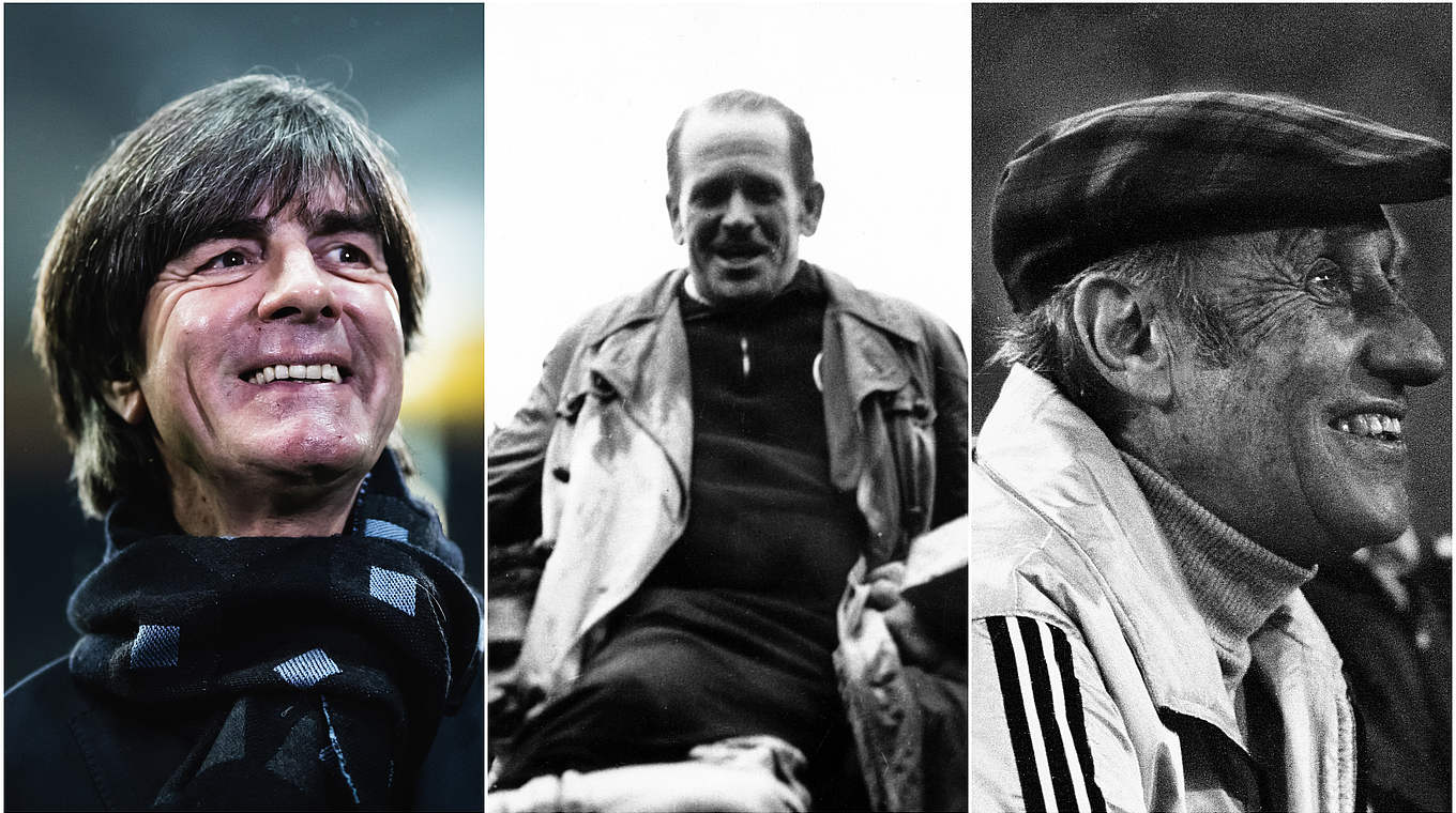 Rekordtrainer in Sachen Einsätze: Löw, Sepp Herberger und Helmut Schön (v.l.) © Getty Images/imago/Collage DFB