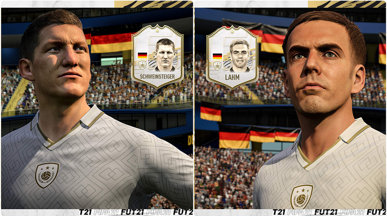Zwei Fußball-Legenden: Schweinsteiger und Lahm sind bei FIFA 21 als "Icons" spielbar © EA / Collage DFB