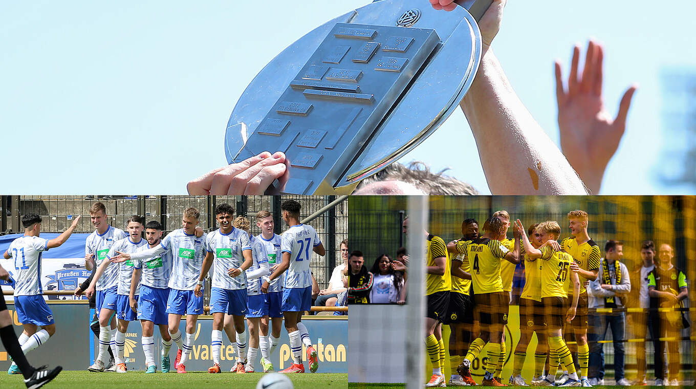 Trophäe im Blick: Hertha BSC und Borussia Dortmund wollen den Meistertitel © Getty Images Collage DFB